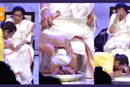 Watch: Sonu Nigam washes Asha Bhosle’s feet at 90-year-old legend’s biography launch; netizens react