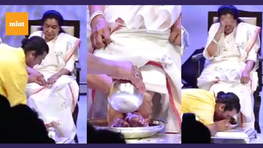 Watch: Sonu Nigam washes Asha Bhosle’s feet at 90-year-old legend’s biography launch; netizens react